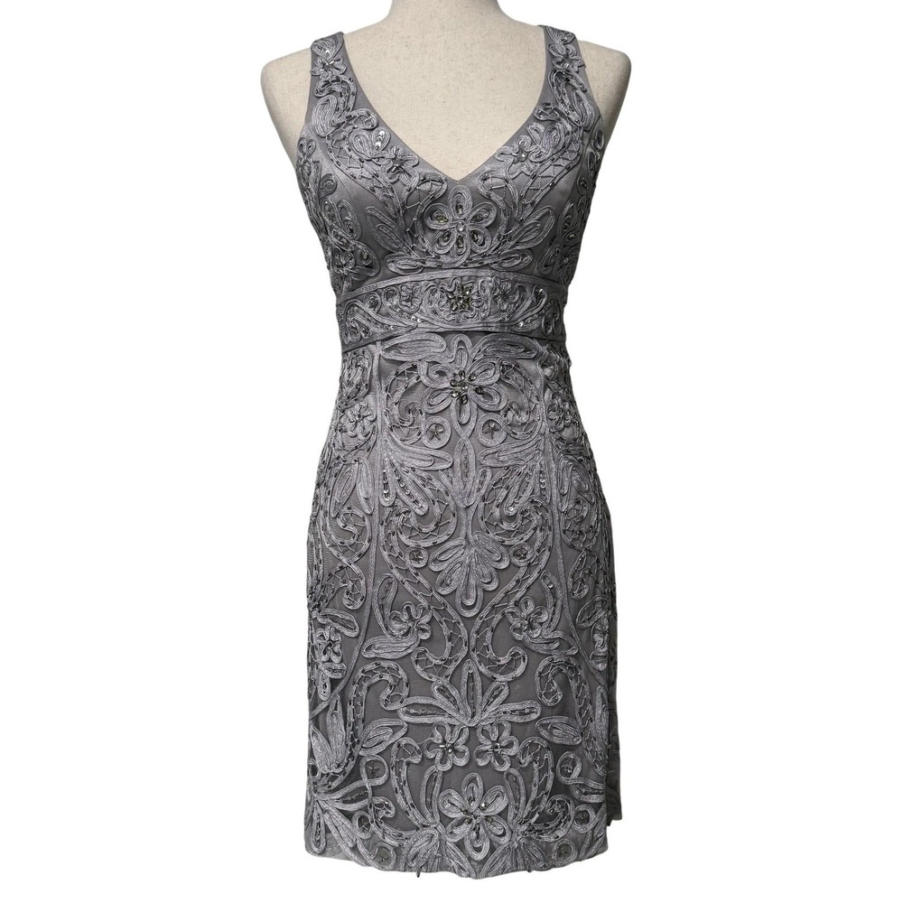 Vintage Y2K Sue Wong Silver Embellished Beaded Lace Formal Cocktail Dress Size 2
